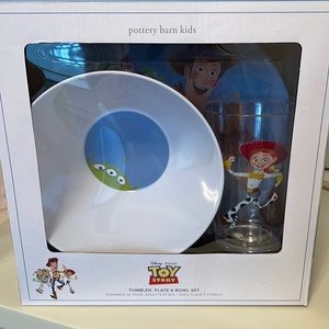 Brand new pottery barn Toy Story tumbler, plate and bowl set